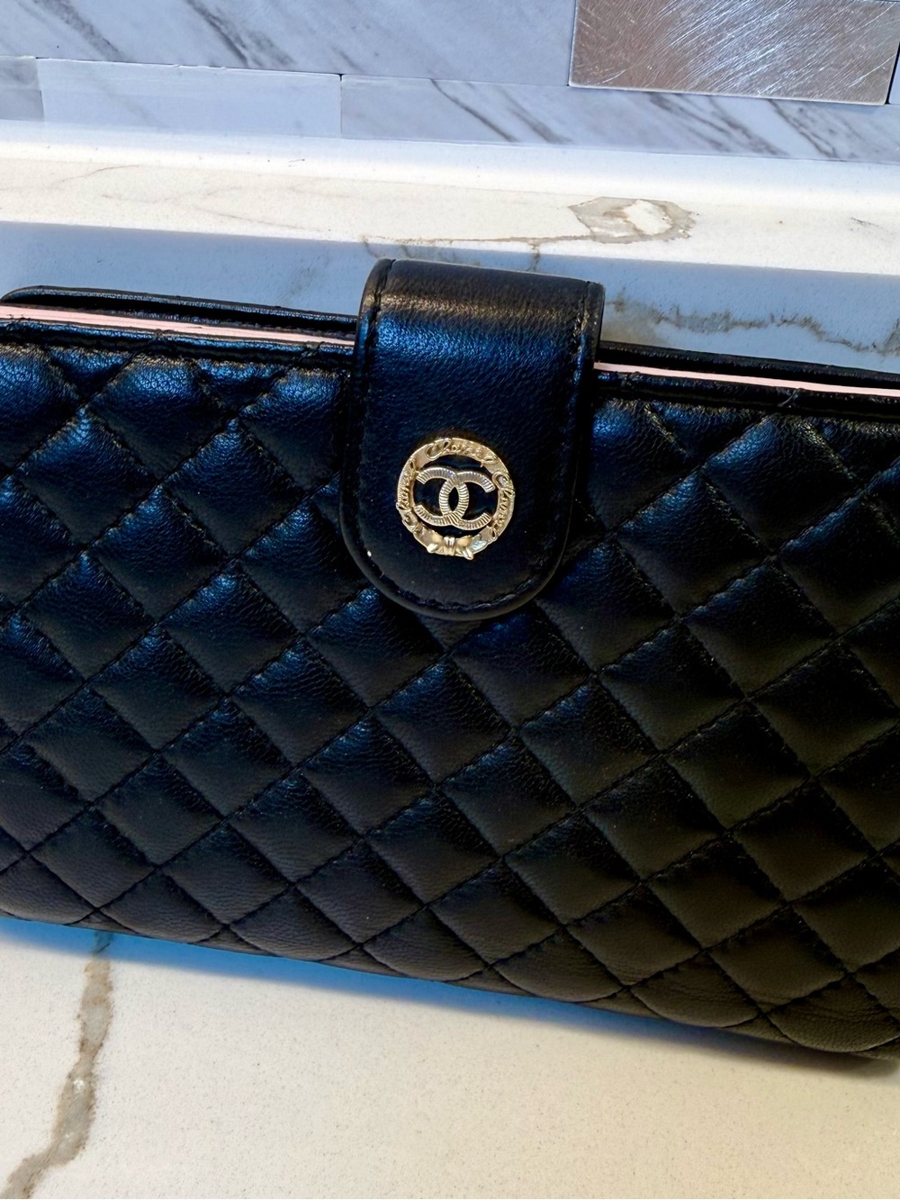 CHANEL Black Quilted Leather Wallet with Silver CC